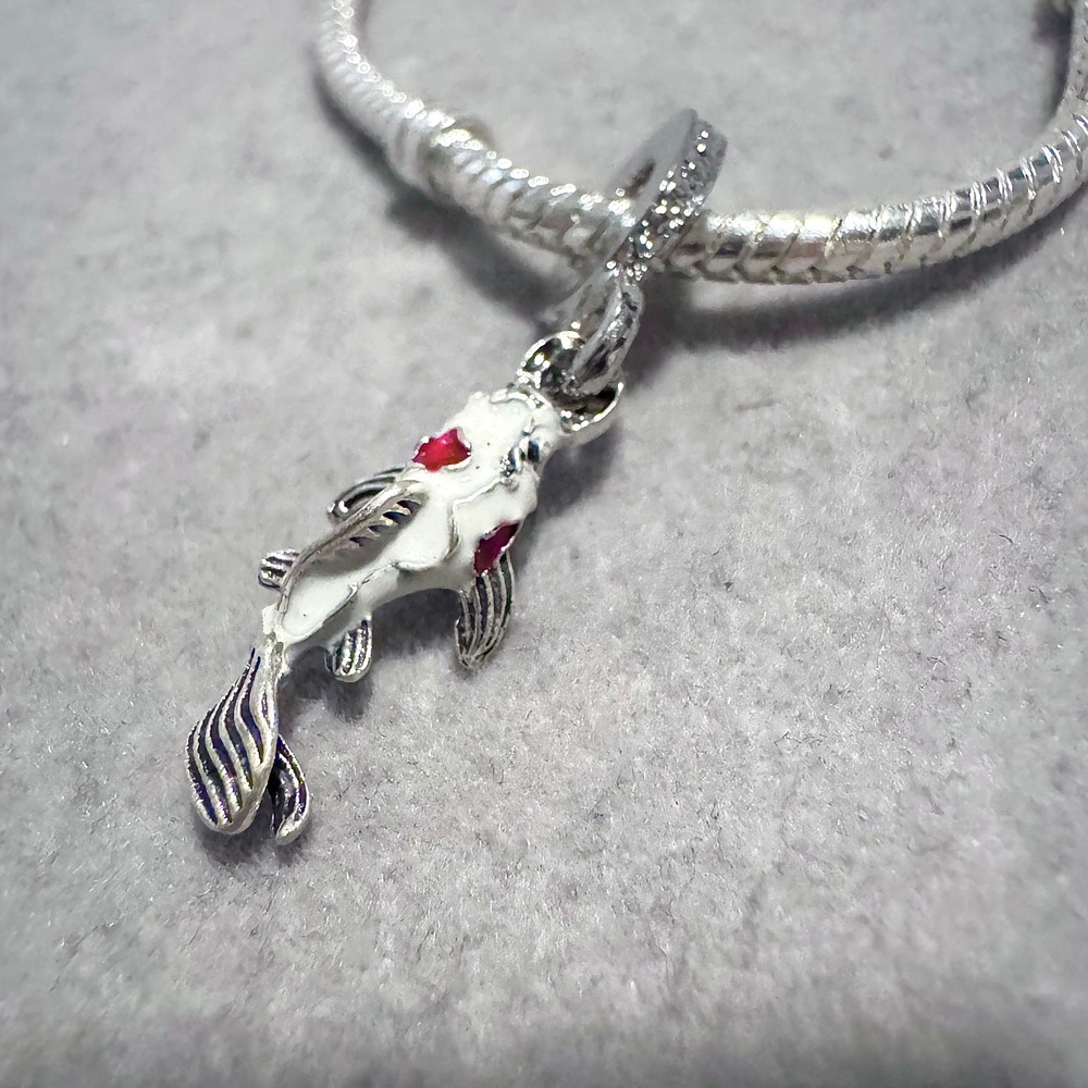 Silver Tone White Koi Fish Charm Bead Red Accents Compatible Pandora Bracelet - Picture 4 of 9